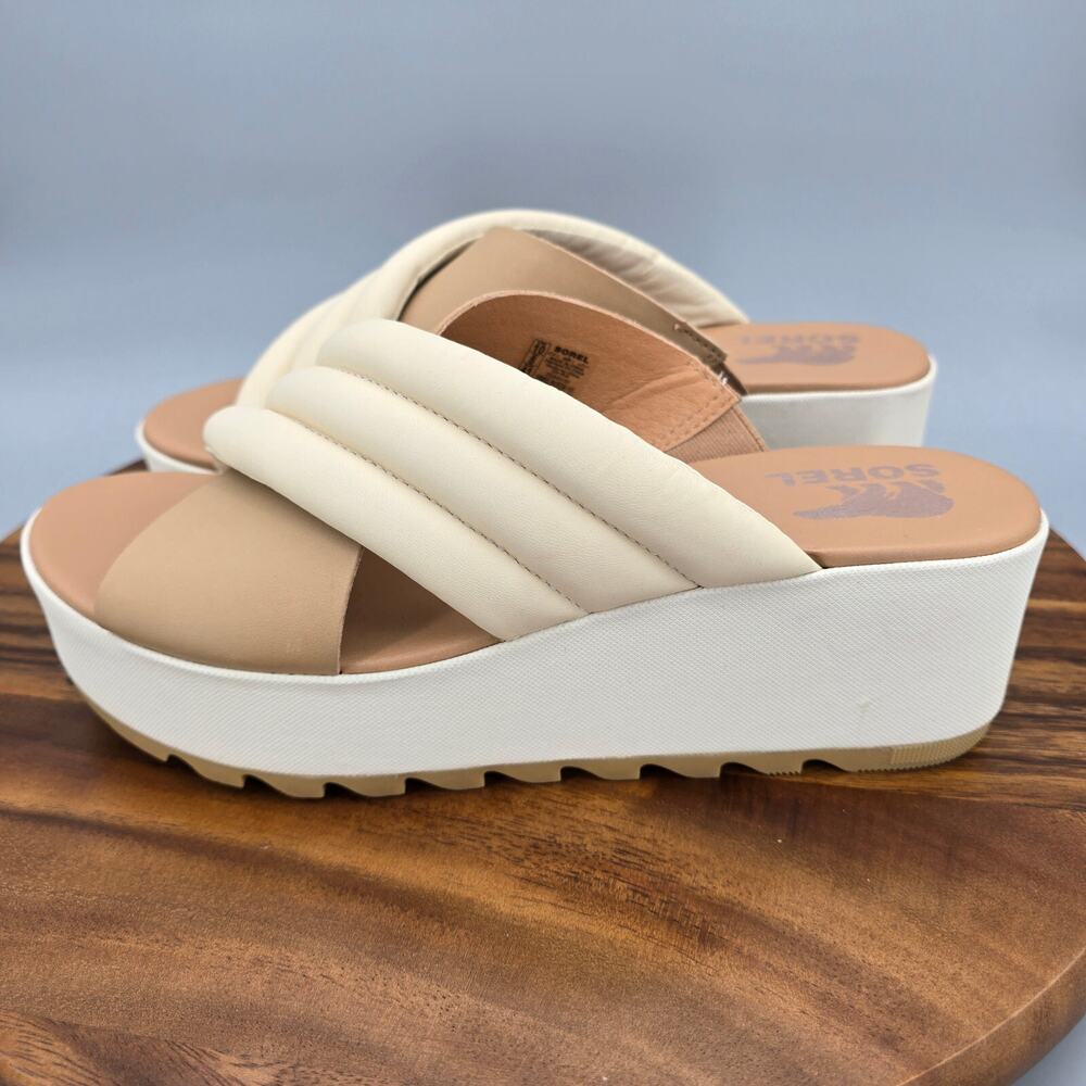 Sorel Cameron Sandals Womens 10 Chalk Beige Slip On Leather Wedge Platform Slide - Picture 3 of 8